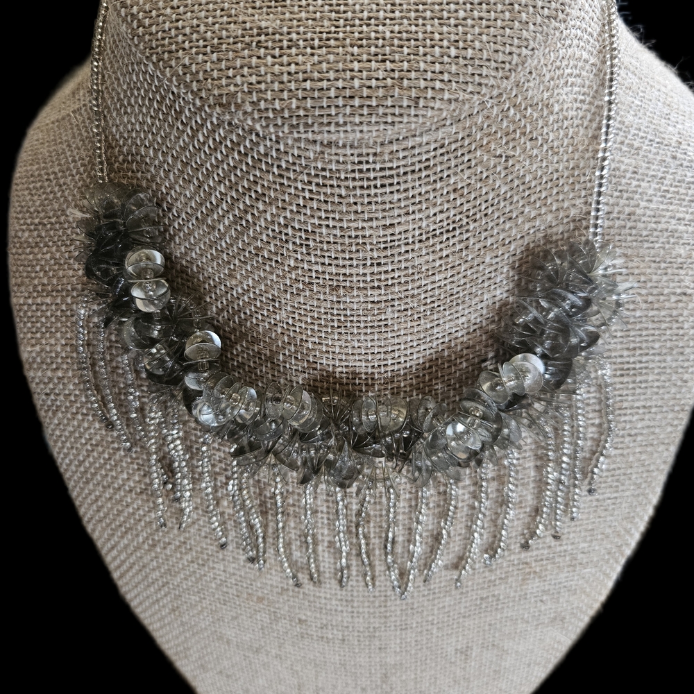 Silver toned Necklace with Dangled pieces. Choker style 14 in bib style j19